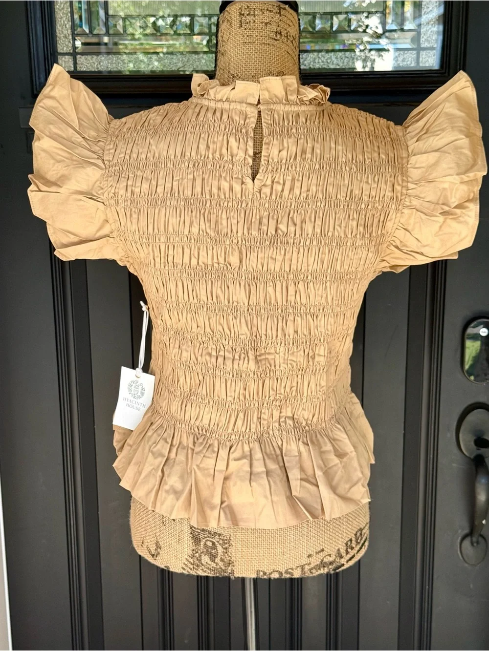 Hyacinth House Nadine Smocked Ruffle Peplum Boho Cottagecore Coquette Tan Blouse - Picture 3 of 7
